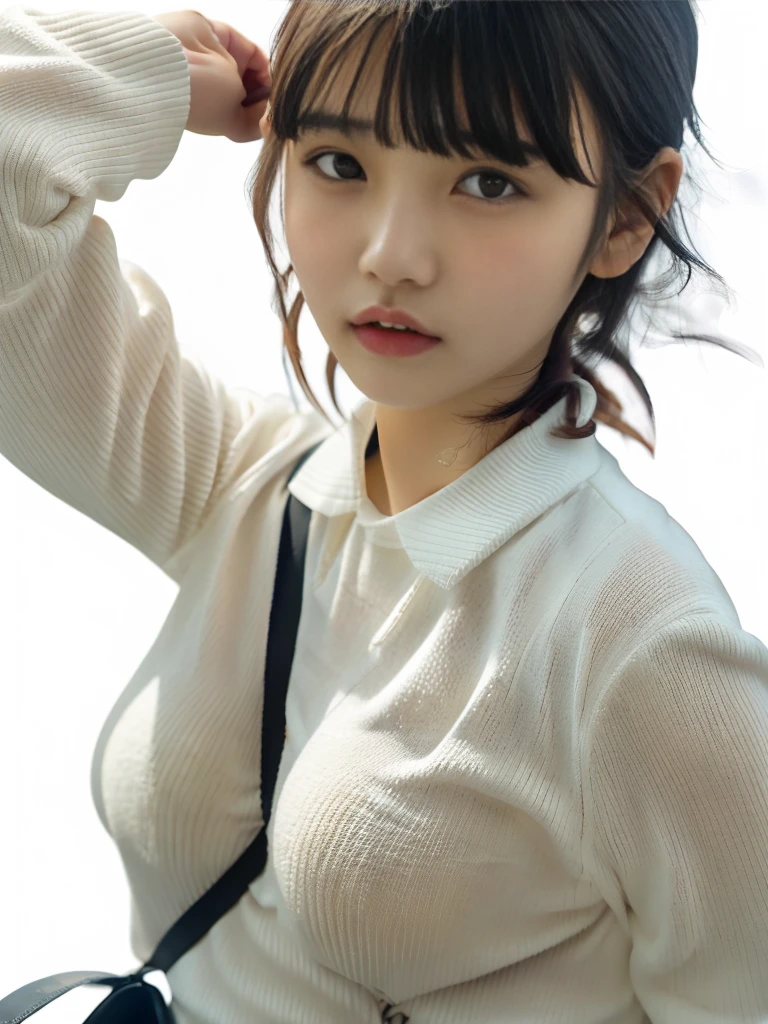 Selfie、Close-up of a woman wearing a white sweater, neat hair With bangs, short detailed hair, Baiji haircut hairstyle, short detailed hair With bangs, south east asian with round face, Cute and delicate face of girl, With bangs, Korean girls, Young cute asian face, Korean symmetrical face, middle parted bangs, Avatar profile picture，the background is clean