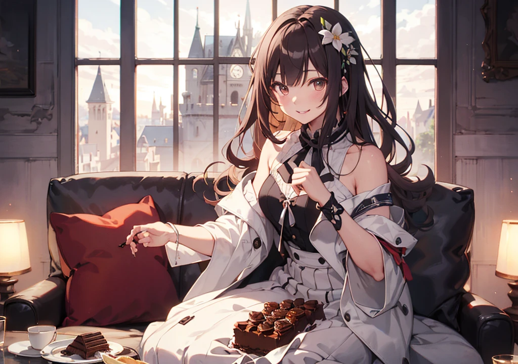 Realistic photos, Focus distance 10mm, Red and white, A big smile, Beautiful girl, Realistic photos, Focus distance 10mmで撮影, masterpiece, 最high quality, high quality, Very detailed CG 8k wallpaper unit, Award-winning photography, Depth of written boundary, High resolution, bloom, chromatic aberration, Realistic, Very detailed, Art Station Trends, CGsociety Trends, Complex, High detail, dramatic, volumetric lighting, Chocolate cakeが擬人化された美少女。She has chocolate-colored hair and a decorated dress., Chocolate cake, Castle in the background