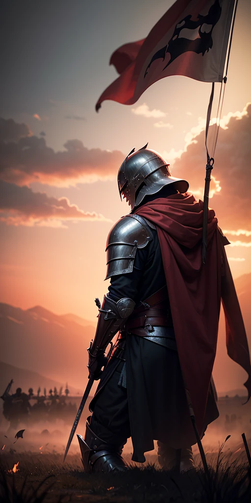 Knight on his knees on a old battlefield surrounded by sword and burned banners the sky red colour with black cloud 