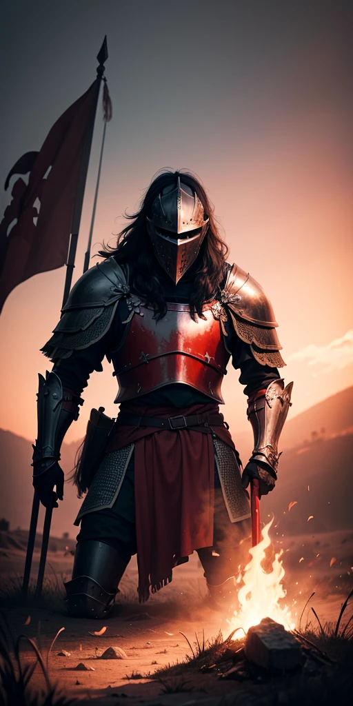 Knight on his knees on a old battlefield surrounded by sword and burned banners the sky red colour with black cloud