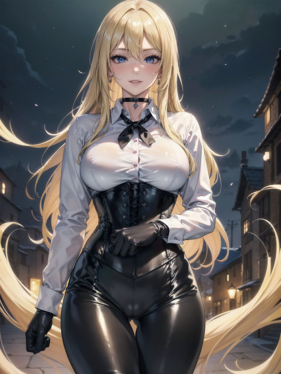 Masterpiece, Superior image quality, high resolution, 4k image,photo and gross, photorealistic, whole body, ung blonde of 15 years, has his arms crossed, {{{vagina}}}, beautiful face, long blonde hair, Blue eyes, very detailed eyes, pink cheeks, happy expression, draw smile, choker:1.6, (white collar button down long sleeve shirt), black gloves, gloves that cover hands, (black leather corset), (shiny black leggings), Sensual Lips, show details in the eyes, View from the front, looking at the viewer, walking in a medieval village background, at daytime
