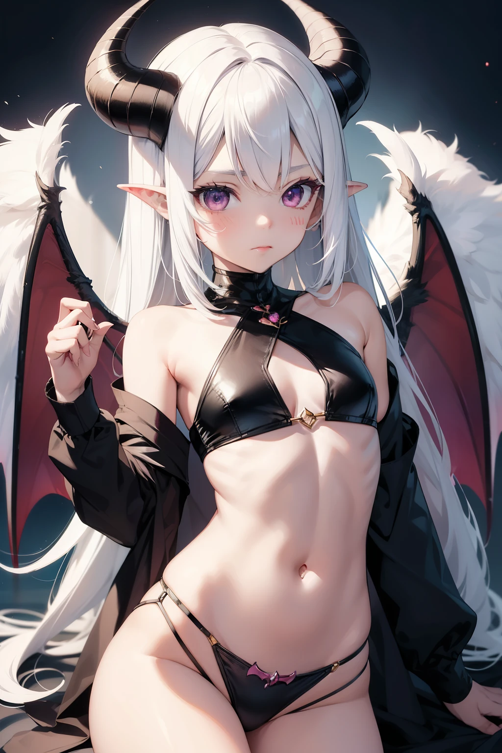 Anime girl , childishi body , smug face , horns and wings , white hair , scar na bochecha , succubus, demon tail , flat chest