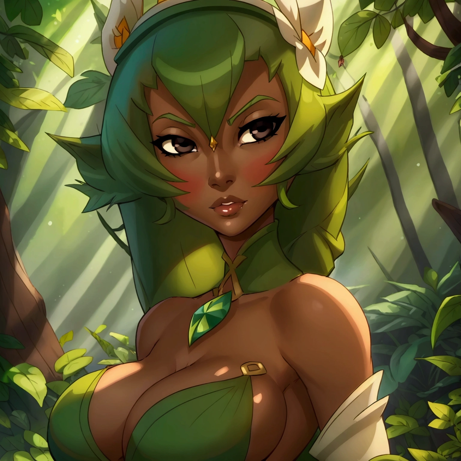 ((ultra quality)), ((masterpiece)), Amalia Sheran Sharm, Wakfu style, ((green medium long hair)), (Beautiful face), (beautiful female lips), (), charming, ((sexy facial expression)), looks at the camera, eyes slightly open, (skin color white), (White skin), glare on the body, ((detailed beautiful female eyes)), ((dark brown eyes)), (juicy female lips), (dark eyeliner), (beautiful female hands), ((ideal female figure)), ideal female body, beautiful waist, gorgeous thighs, beautiful medium breasts, ((subtle and beautiful)), sexy worth (), (green clothes Amalia Sheran Sharm - wakfu season 3) background: the forest, ((depth of field)), ((high quality clear image)), (clear details), ((high detail)), realistically, professional photo session, ((Clear Focus)), anime, full body photo, huge ass, giant ass, big tits, ass focus, full body, (full body picture), (ass) nudity nude