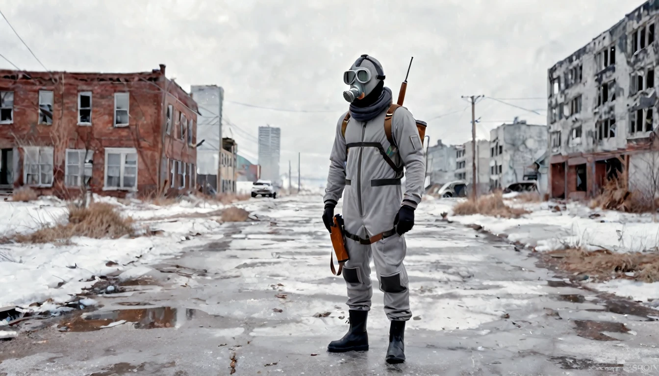 man, walking alone, dressed in a gray jumpsuit, on his head he has a diving mask from the 70s, he has a shotgun in his hand, walking down the street of a futuristic, abandoned, completely snowy city, spores are seen in the air white color, apocalyptic image, desolate image, abandoned cars, 8k hyperrealistic, ethereal, photorealistic detailed image, sharp focus, studio photography, xf iq 4, 1 5 0 0 0 0 mp, 5 0 mm, iso 2 0 0, 1/1 6 0 s, realistic, natural light, octane rendering, adobe lightroom, thirds resolution, symmetrical balance, depth layers, polarizing filter, ..., hd, color optics, ..., hd, color opaque, masterpiece