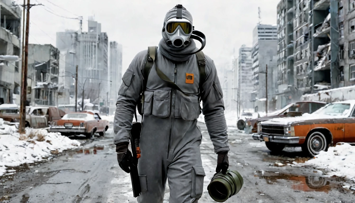 man, walking alone, dressed in a gray jumpsuit, on his head he has a diving mask from the 70s, he has a shotgun in his hand, walking down the street of a futuristic, abandoned, completely snowy city, spores are seen in the air white color, apocalyptic image, desolate image, abandoned cars, 8k hyperrealistic, ethereal, photorealistic detailed image, sharp focus, studio photography, xf iq 4, 1 5 0 0 0 0 mp, 5 0 mm, iso 2 0 0, 1/1 6 0 s, realistic, natural light, octane rendering, adobe lightroom, thirds resolution, symmetrical balance, depth layers, polarizing filter, ..., hd, color optics, ..., hd, color opaque, masterpiece
