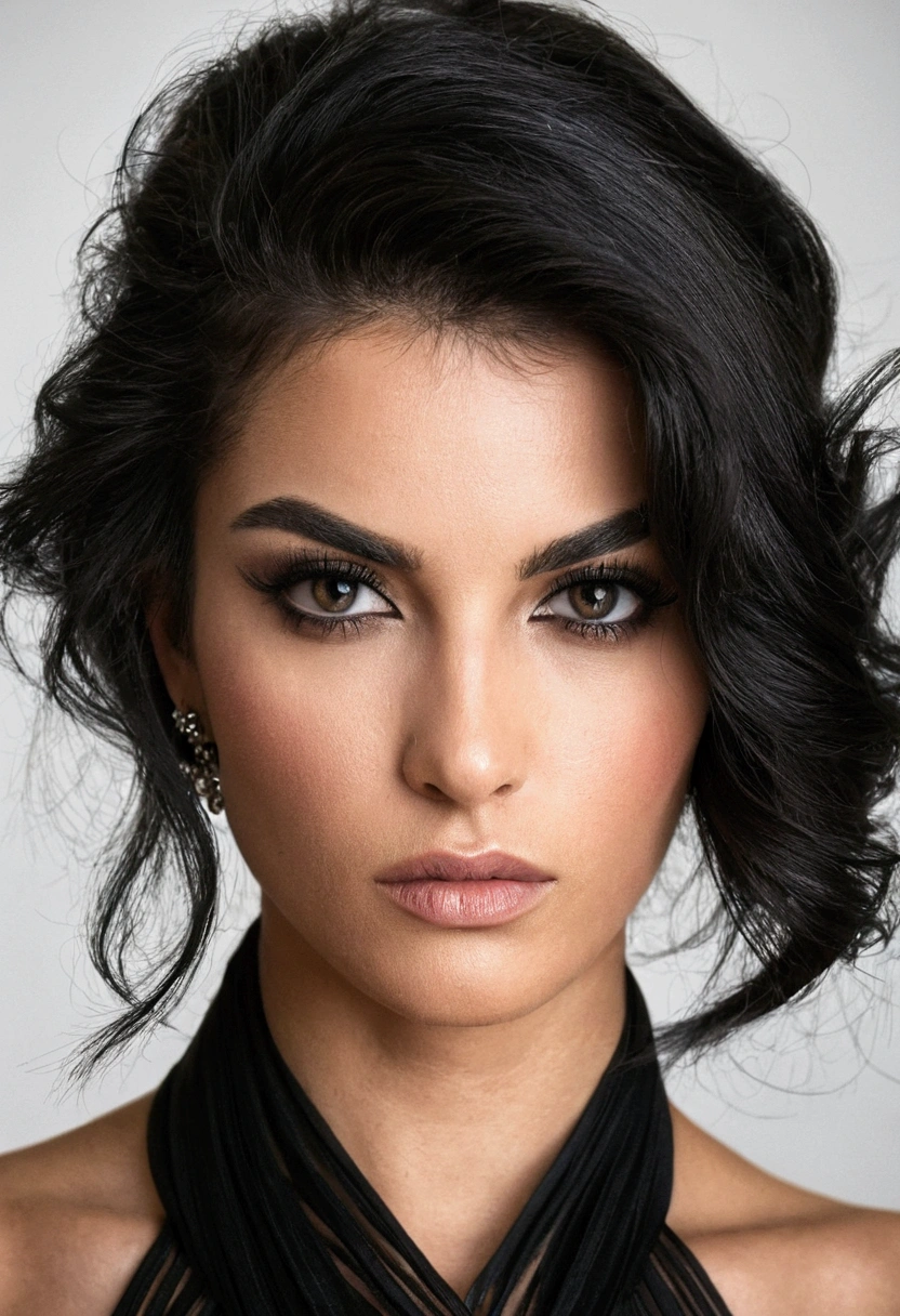 Portrait femme parfaite réaliste cheveux noir regard attrayant sexy