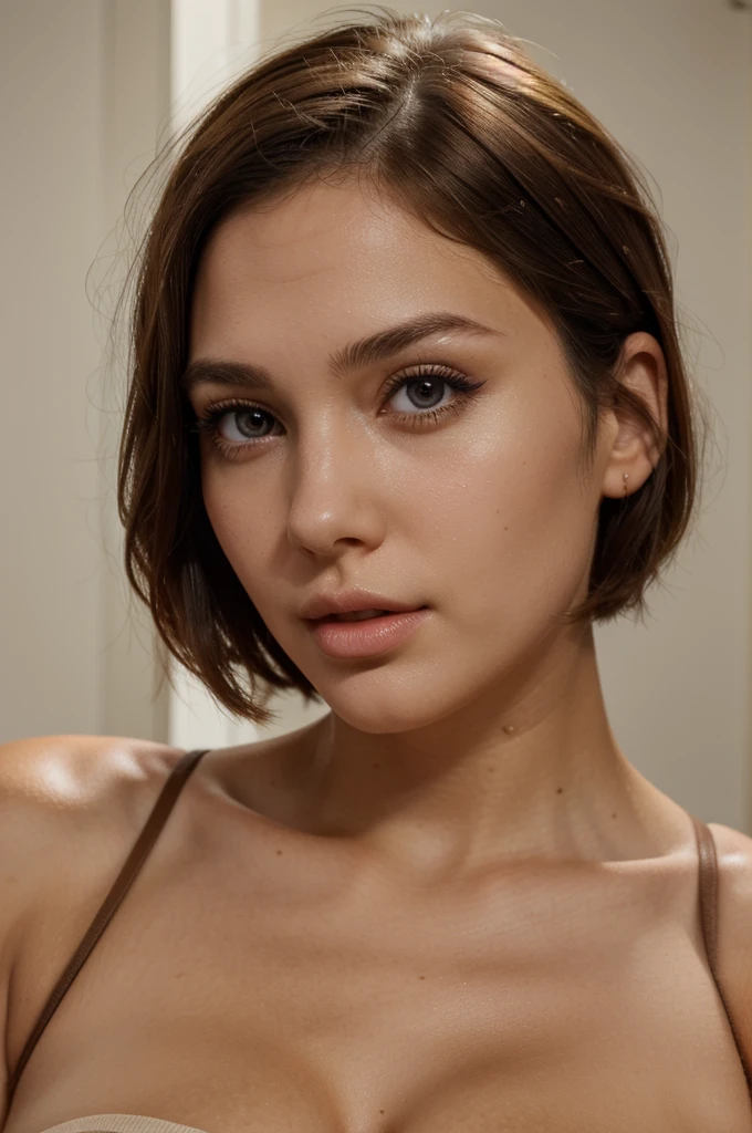 1 girl, brown hair,short hair reaching shoulders,tight clothes,voluptuous,detailed facial features, beautiful eyes, long eyelashes, detailed lips