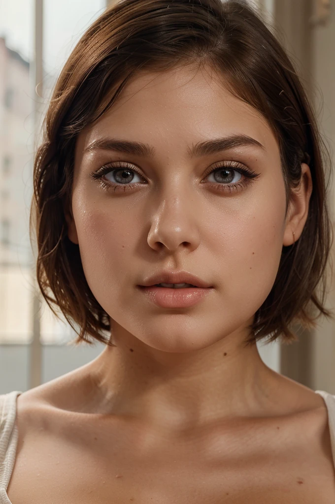 1 girl, brown hair,short hair reaching shoulders,tight clothes,voluptuous,detailed facial features, beautiful eyes, long eyelashes, detailed lips