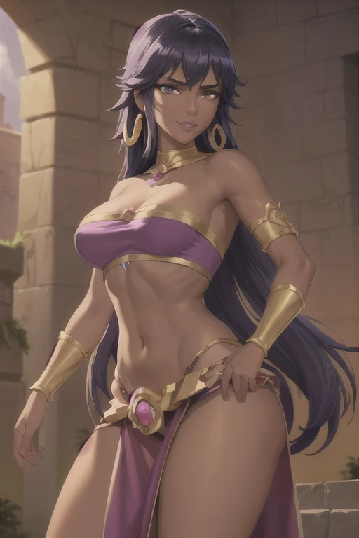 Fantasy style, Fantasy setting, A beautiful young sorceress (1 girl), dark-skinned female, with long purple flowing hair,  purple eyes, purple iris, mascaras purple eyeshadow, smile, purple lipstick, skin covered in purple markings, (Wearing: golden headpiece, golden ringed earrings, purple strapless top, purple loincloth, pelvic curtain, golden armlets), looking mature and alluring at 28 years old, (detailed eyes, detailed lips, extremely detailed face), intricate detailed portrait, photo realistic, 8k, highly detailed, cinematic lighting, warm color palette, castle ruins background, detailed foliage, golden hour lighting, dramatic lighting, dramatic pose, sensual, alluring, captivating gaze, photorealistic, masterpiece