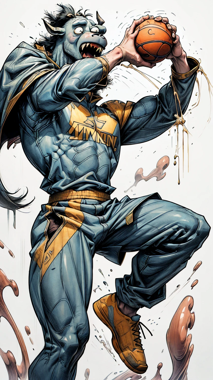 plano general, whole body, Bloom, plano general, whole body, Bloom, line art, anatomically perfect:1.4,((1 ogre alone, strong and robust, dynamic pose, with shoulder pads and decorative bones, large and sharp fangs)), ((Game-Winning Dunk:1.5)), fighting stance, looking at the viewer, broad, for the floating, hanfu, Chinese clothing, long sleeves, (abstract ink splash:1.2), White background