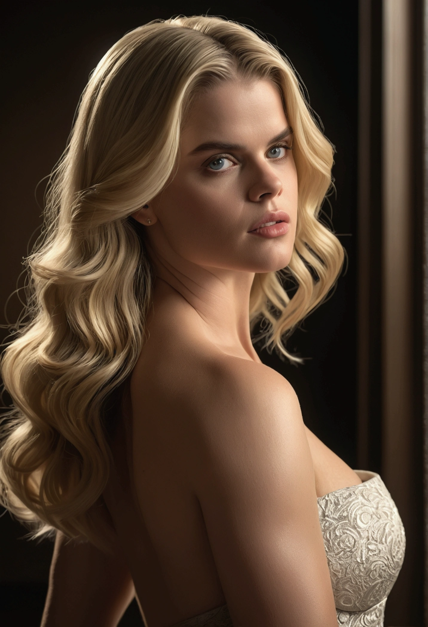 a beautiful woman with stunning nude figure, Alice Eve, perfect physique, long blonde hair, facing away, serene expression, detailed skin texture, smooth curves, soft lighting, dramatic shadows, ethereal atmosphere, photorealistic, (best quality,4k,8k,highres,masterpiece:1.2),ultra-detailed,(realistic,photorealistic,photo-realistic:1.37),cinematic lighting,dramatic colors,chiaroscuro,elegant,sensual