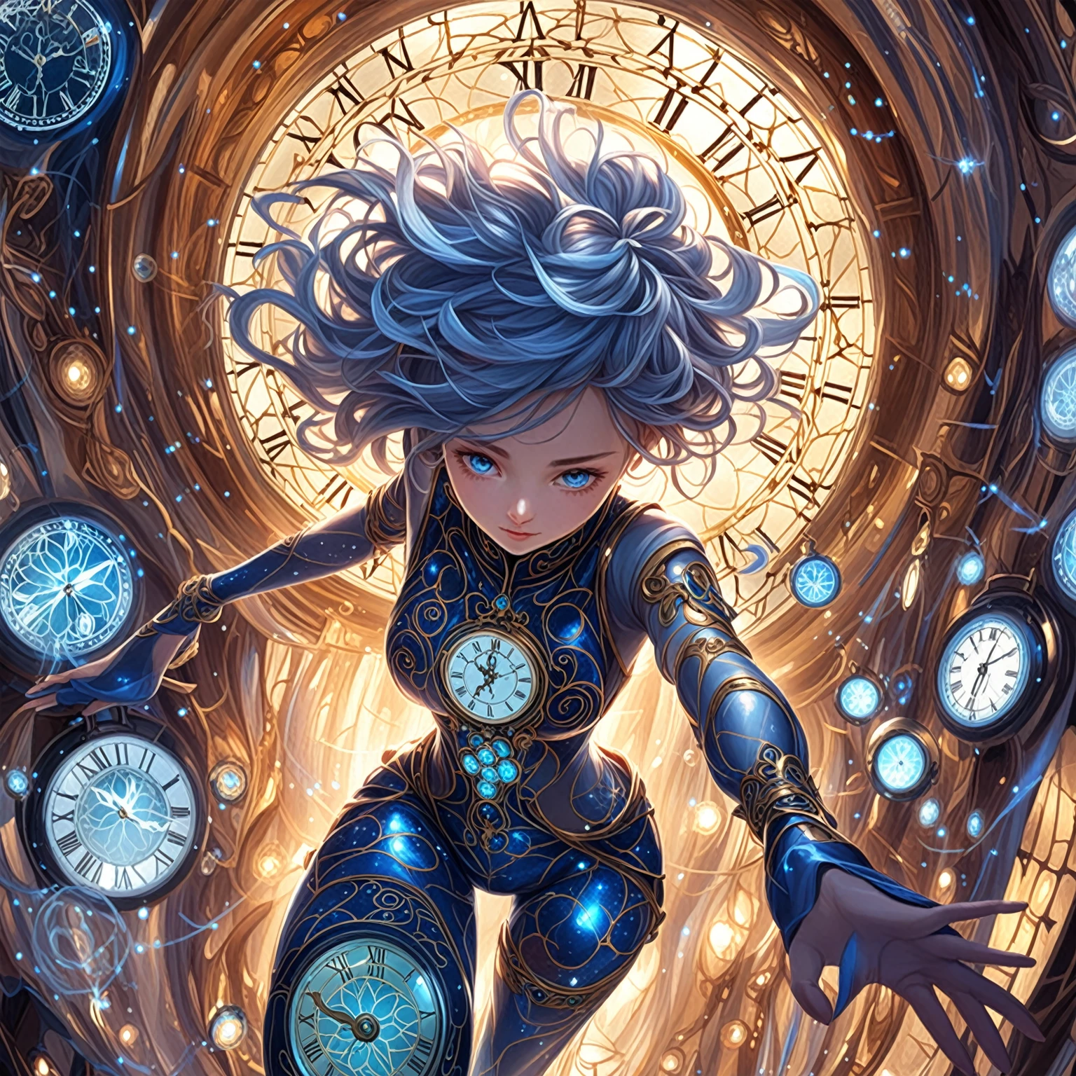 A determined and focused girl with a calm intensity in her eyes, (nude:0.8), slightly distant as if seeing through time. She has long, flowing hair with streaks of silver and blue that shimmer and change with the light. Her deep blue eyes have flecks of gold, symbolizing her connection to infinite timelines. She wears a form-fitting, high-tech bodysuit in shades of midnight blue and silver, adorned with clock gear and constellation patterns. In a dynamic, slightly crouched position, one foot forward as if stepping through a portal. Her right hand extends forward, fingers splayed and glowing with ethereal light, while her left hand cradles an antique pocket watch close to her chest. Surrounded by swirling, translucent time streams that shimmer with iridescent colors. The background is a swirling vortex of temporal energy, with fragments of ancient ruins, futuristic cities, and natural landscapes blending seamlessly. The colors are vibrant and constantly shifting, creating a surreal and timeless environment. She exudes confidence and mastery over her time-manipulating powers, with a semi-transparent, shifting cape trailing behind her, detailed gorgeous face| anime style| key visual| intricate detail| highly detailed| breathtaking| vibrant| panoramic| cinematic| Carne Griffiths| Conrad Roset| gibbli 8k