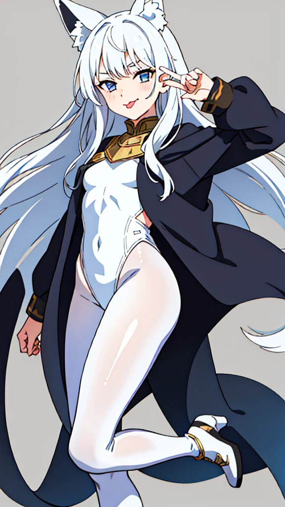 1girl ,solo,20s,mature female,white hair,long hair,fox ears,(simple background),white leggings, leotard,tgout, tongue out, tongue