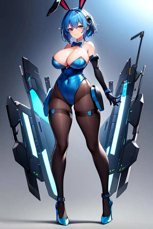 1girl, blue hair, large breasts, bunny ears, rabbit ears, wide hips, bodysuit, black bodysuit, short hair, very short hair, science-fiction, tech, futuristic, machinery, full body, ((full body)), smile, light smile, robot girl, drone, high heels, fishnet, fishnet pantyhose,