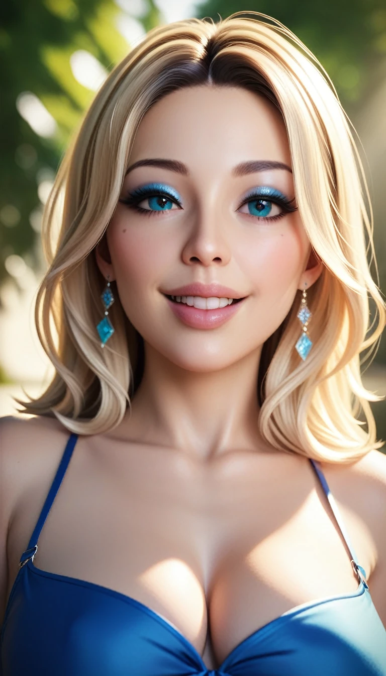 1 woman, beautiful detailed eyes, beautiful detailed lips, extremely detailed face and skin, long straight hair, happy smiling expression, natural sunlight, summer day, high quality Hasselblad photography, cinematic lighting, 4k, best quality, masterpiece, light makeup, sharp focus, photorealistic