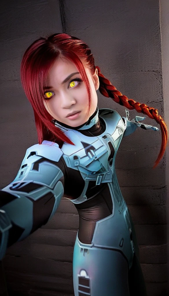 1 Girl、((glowing eyes, red eyes)), Medium Bust、solo、red Hair、Braid、Mobile Race Suit、Shoulder Armor、ceiling、Wide Shot、Looking Ahead、zipup suit 、Closed Mouth、Highest quality、medium quality、22 years old、Mobile Trace System、cockpit、Asian、CyborgCosplay