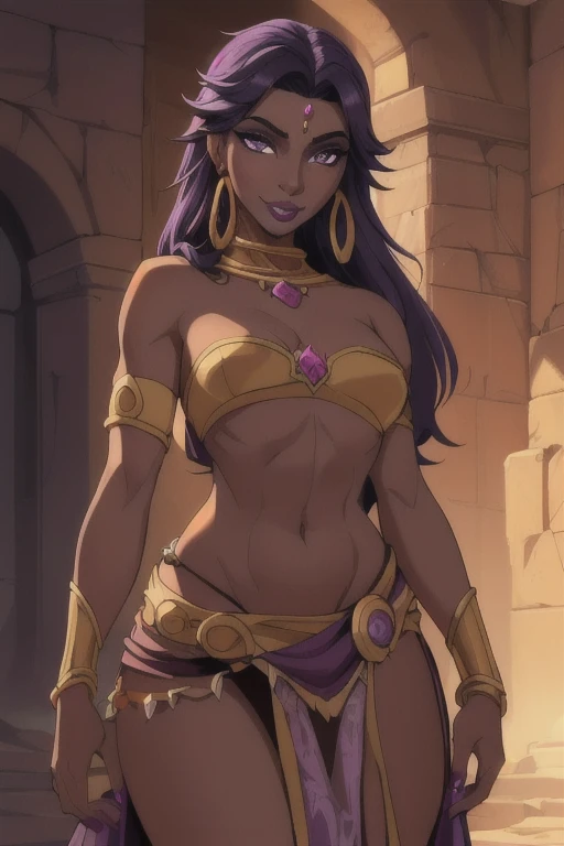 Fantasy style, Fantasy setting, A beautiful young sorceress (1 girl), dark-skinned female, with long purple flowing hair,  purple eyes, purple iris, mascaras purple eyeshadow, smile, purple lipstick, skin covered in purple markings, (Wearing: golden headpiece, golden ringed earrings, purple strapless top, purple loincloth, pelvic curtain, golden armlets), looking mature and alluring at 28 years old, (detailed eyes, detailed lips, extremely detailed face), intricate detailed portrait, photo realistic, 8k, highly detailed, cinematic lighting, warm color palette, castle ruins background, detailed foliage, golden hour lighting, dramatic lighting, dramatic pose, sensual, alluring, captivating gaze, photorealistic, masterpiece