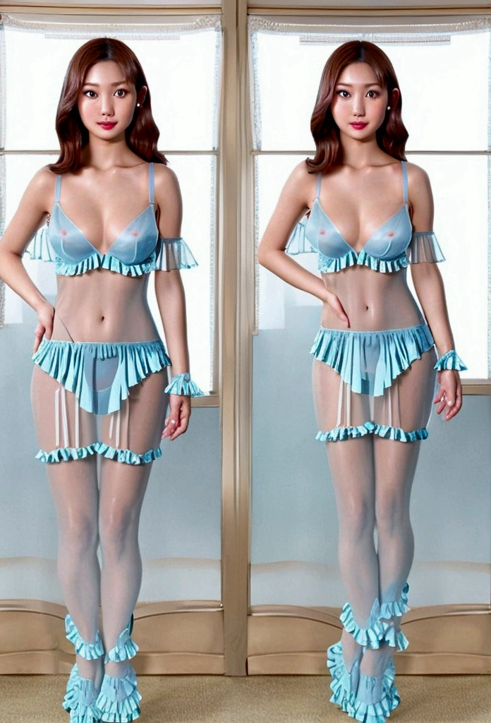 Girl Turning Around, ((Highest quality)), (Very detailedな), (Very detailed CG 統合 8k 壁紙), Very detailed, High-quality RAW color photos, Professional photography, ((Beautiful big boobs)), ((Bare Chest)), (Pink hair accessories), peanut butter brown hair, Great face and eyes, , (Amazingly beautiful girl), School, (See-through sheer micro bra:1.6), (Shiny light blue satin panties with fine frills:1.3)、Panties covering the buttocks、garter belt、Turn your knee-high socks away、Show your ass、Angle from behind、Kneel