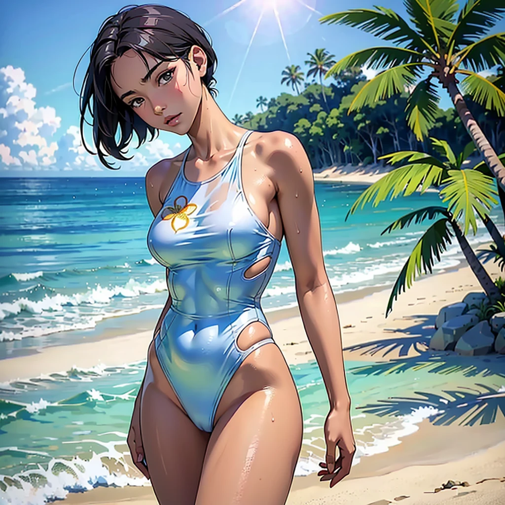 ((highest quality, masterpiece, High resolution)), ((reality)),Photos of beautiful Japanese women,((anime art))、 (((1 girl))), normal size breasts, slim body shape,  medium short hair, double eyelid, Wet see-through one-piece swimsuit,,  A pareo with bold ethnic patterns and plenty of primary colors、realistic skin、Wet,whole body,cinematic light、tropical、Against the background of palm trees on both sides、on a sunny beach、With the sea in the background、blur background、Clean abs,