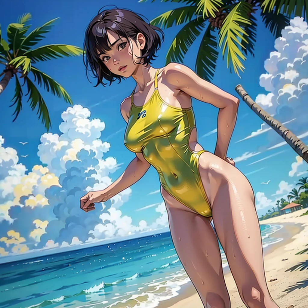 ((highest quality, masterpiece, High resolution)), ((reality)),Photos of beautiful Japanese women,((anime art))、 (((1 girl))), normal size breasts, slim body shape,  medium short hair, double eyelid, Wet see-through one-piece swimsuit,,  A pareo with bold ethnic patterns and plenty of primary colors、realistic skin、Wet,whole body,cinematic light、tropical、Against the background of palm trees on both sides、on a sunny beach、With the sea in the background、blur background、Clean abs,