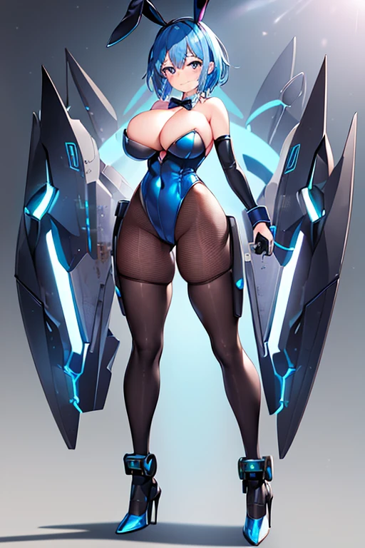 1girl, blue hair, large breasts, bunny ears, rabbit ears, wide hips, bodysuit, black bodysuit, short hair, very short hair, science-fiction, tech, futuristic, machinery, full body, ((full body)), smile, light smile, robot girl, drone, high heels, fishnets, fighnet pantyhose