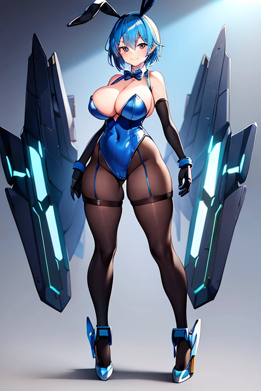 1girl, blue hair, large breasts, bunny ears, rabbit ears, wide hips, bodysuit, black bodysuit, short hair, very short hair, science-fiction, tech, futuristic, machinery, full body, ((full body)), smile, light smile, robot girl, drone, high heels, fishnets, fighnet pantyhose