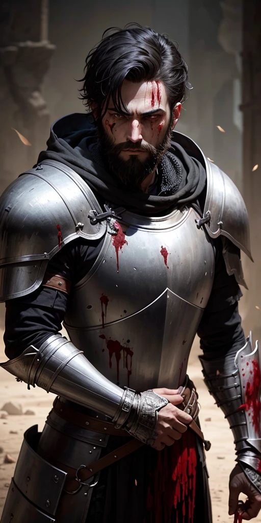 Knight with short black hair and beard Covered in blood and armor damaged 