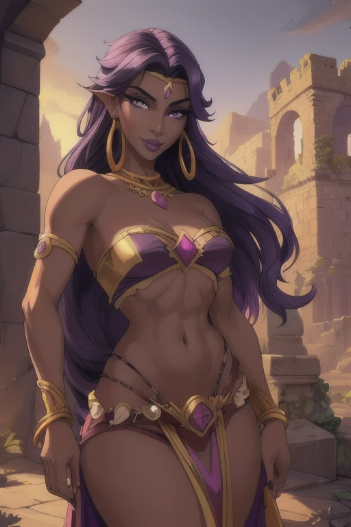 Fantasy style, Fantasy setting, A beautiful young sorceress (1 girl), dark-skinned female, with long purple flowing hair,  purple eyes, purple iris, mascaras purple eyeshadow, smile, purple lipstick, skin covered in purple markings, (Wearing: golden headpiece, golden ringed earrings, purple strapless top, purple loincloth, pelvic curtain, golden armlets), looking mature and alluring at 28 years old, (detailed eyes, detailed lips, extremely detailed face), intricate detailed portrait, photo realistic, 8k, highly detailed, cinematic lighting, warm color palette, castle ruins background, detailed foliage, golden hour lighting, dramatic lighting, dramatic pose, sensual, alluring, captivating gaze, photorealistic, masterpiece