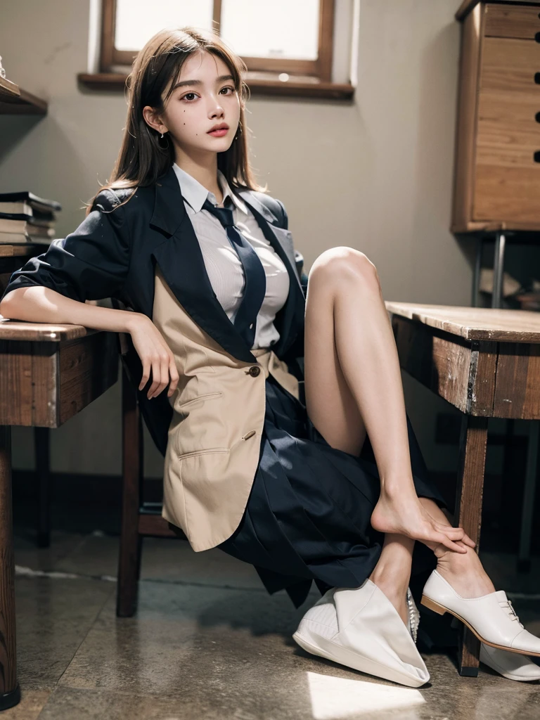 absurdres, RAW photo, extremely delicate and beautiful, masterpiece, Best Quality, ultra high resolution, 32k, hyperrealistic, ultra-detailed, super Detailed skin, 20 years old, very small head, very small face, very detailed eyes and face, tearful mole, earring, very huge round breasts, legs, medium hair, ((full body shot)), indoor, ((school_uniform)),