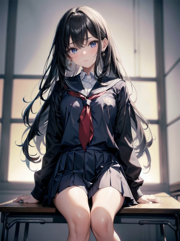 absurdres, RAW photo, extremely delicate and beautiful, masterpiece, Best Quality, ultra high resolution, 32k, hyperrealistic, ultra-detailed, super Detailed skin, 20 years old, very small head, very small face, very detailed eyes and face, tearful mole, earring, very huge round breasts, legs, medium hair, whole body shot, indoor, ((school_uniform)),