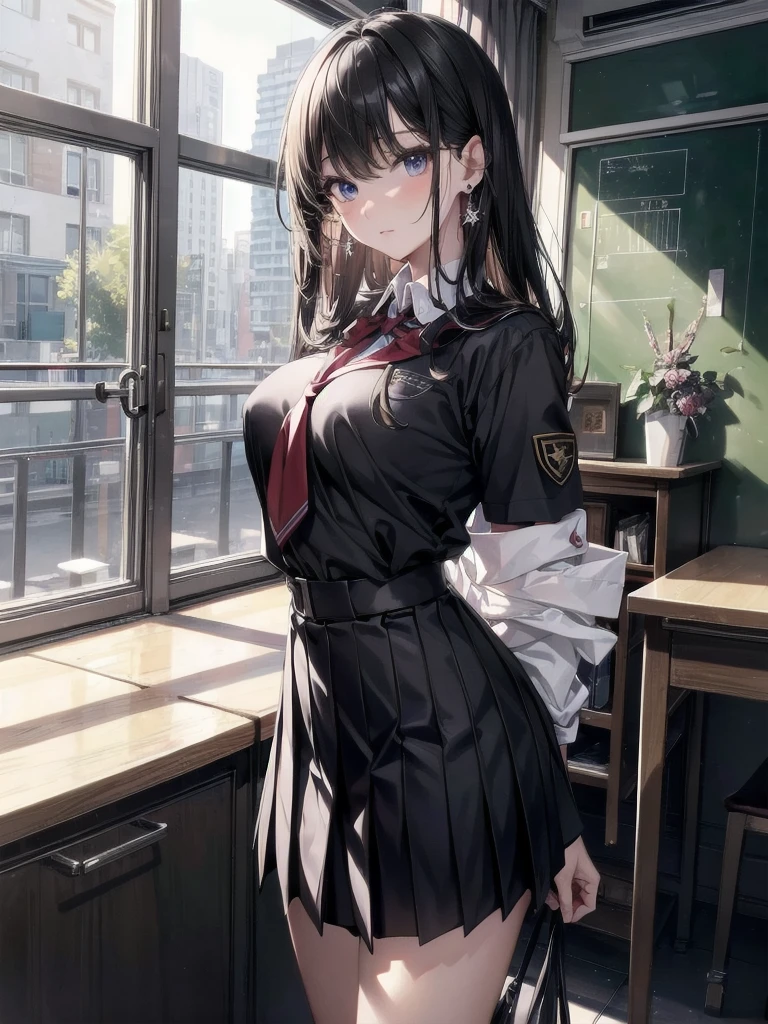 absurdres, RAW photo, extremely delicate and beautiful, masterpiece, Best Quality, ultra high resolution, 32k, hyperrealistic, ultra-detailed, super Detailed skin, 20 years old, very small head, very small face, very detailed eyes and face, tearful mole, earring, very huge round breasts, legs, medium hair, whole body shot, indoor, ((school_uniform)),