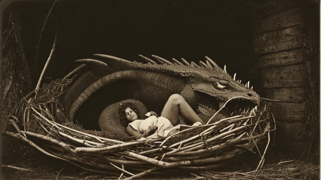 vintage 1800s photo of a massive dragon in a nest in Kentucky, a group of elderly woman caring for them, sepia filter