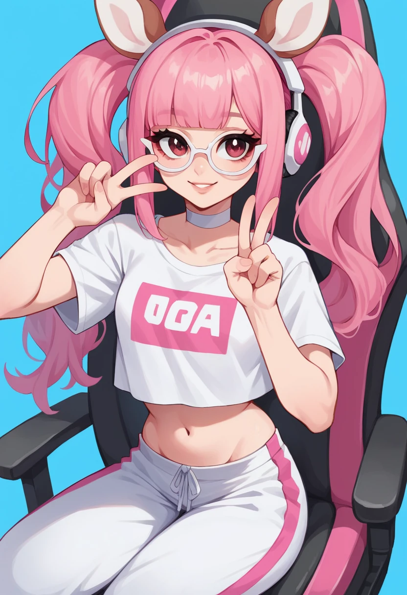 Masterpiece, pink gamer headphones, white gamer headphones, perfect face, smile, vramslace, 1girl, solo, long hair, looking at viewer, pink deer ears, animal ears, bangs, shirt, navel, twintails, pink hair, perfect hair, glasses, white choker, midriff, pants, blunt bangs, two-tone hair, lips, crop top, v, blue background, t-shirt, white-framed eyewear, sitting, pink racing chair, white racing chair