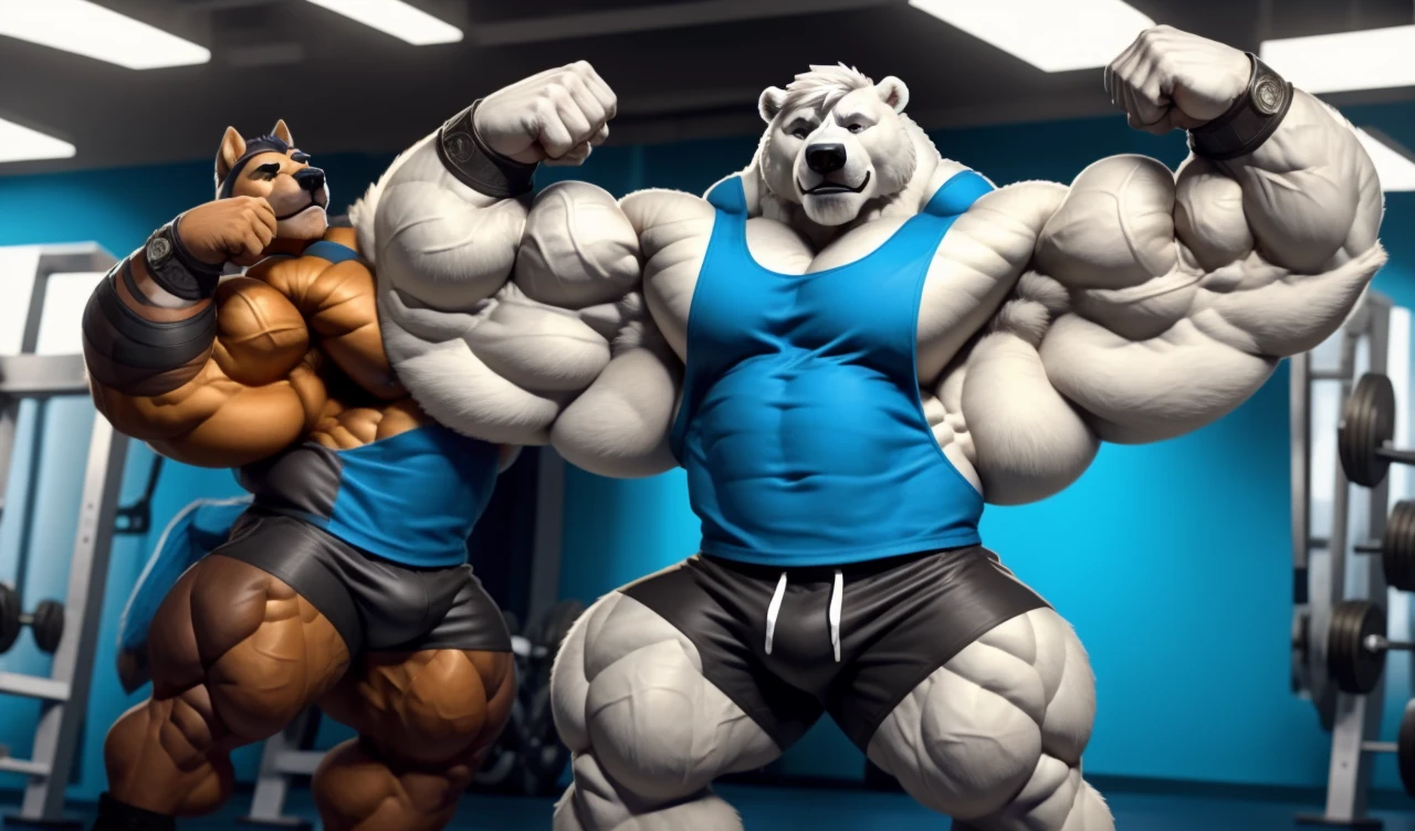 Brock Ólafsson The Huge Muscled Polar Bear, with White Hair, Blue Tank Top, Black Wristbands and Black Gym Shorts, Flexing His Thorax.