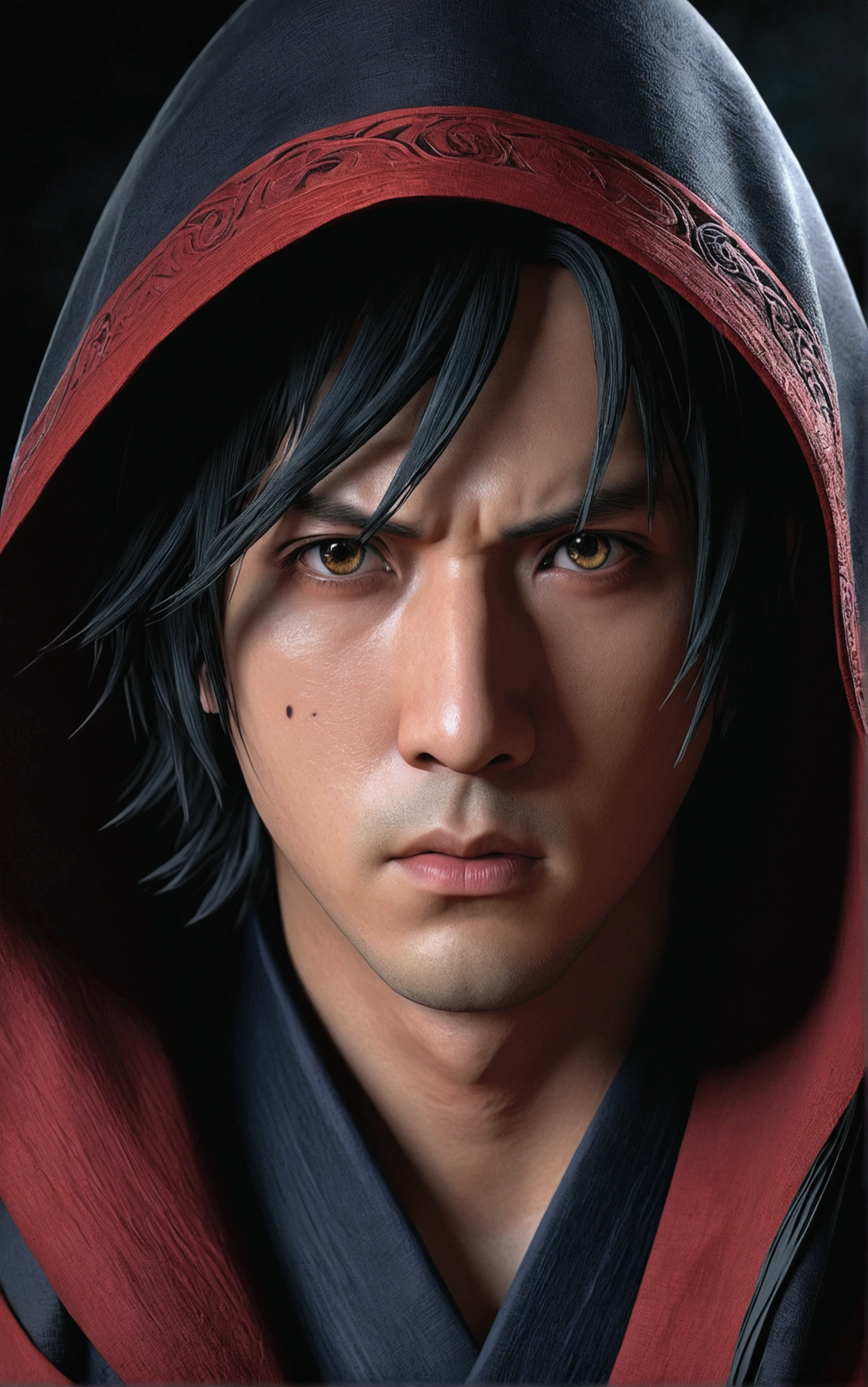 sasuke uchiha in akatsuki cloak,1 man,detailed face,beautiful detailed eyes,beautiful detailed lips,extremely detailed eyes and face,long eyelashes,serious expression,akatsuki robe,dark background,dramatic lighting,cinematic,dark fantasy,digital art,hyperrealistic,8k,high quality,photorealistic,detailed rendering