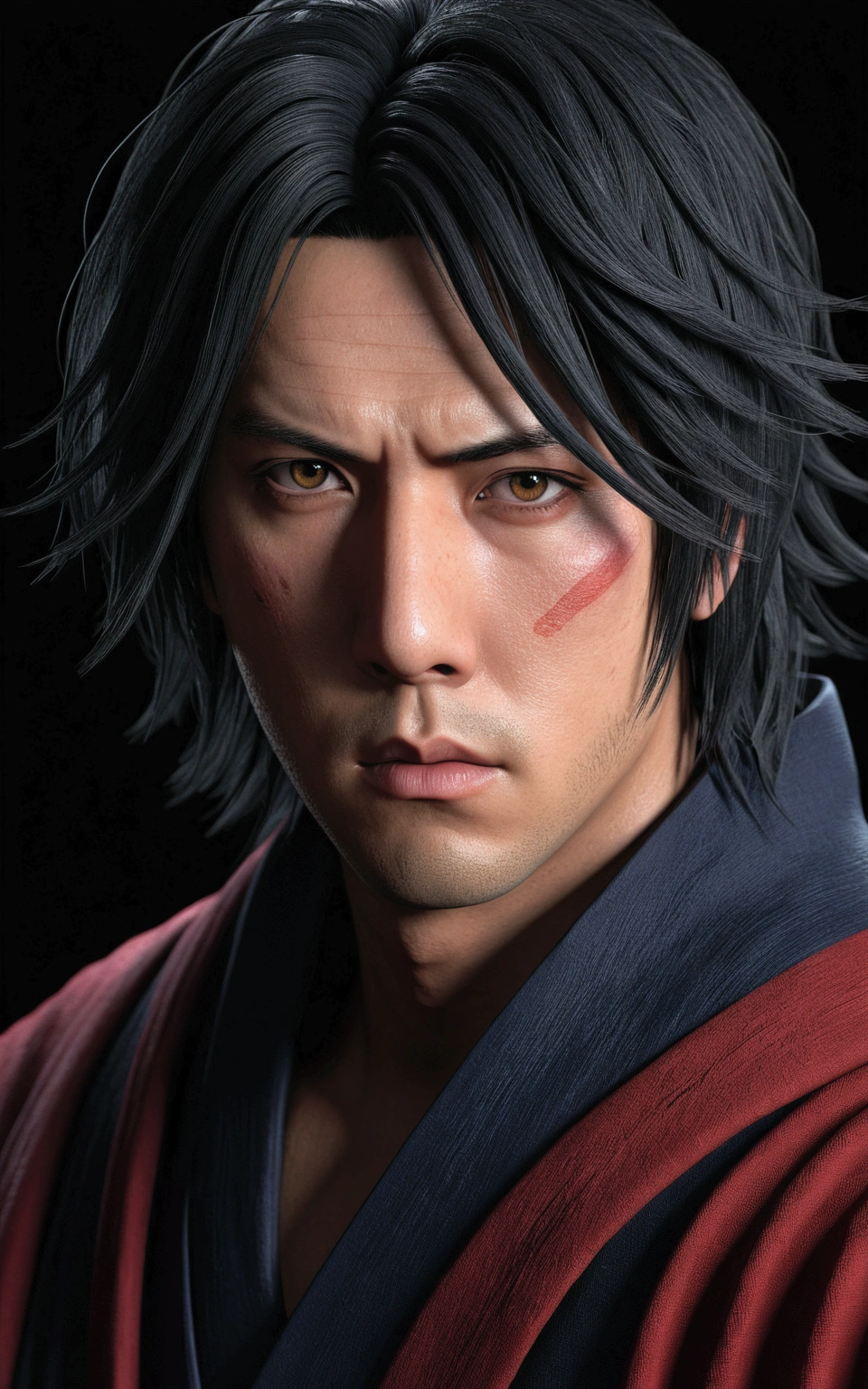 sasuke uchiha in akatsuki cloak,1 man,detailed face,beautiful detailed eyes,beautiful detailed lips,extremely detailed eyes and face,long eyelashes,serious expression,akatsuki robe,dark background,dramatic lighting,cinematic,dark fantasy,digital art,hyperrealistic,8k,high quality,photorealistic,detailed rendering
