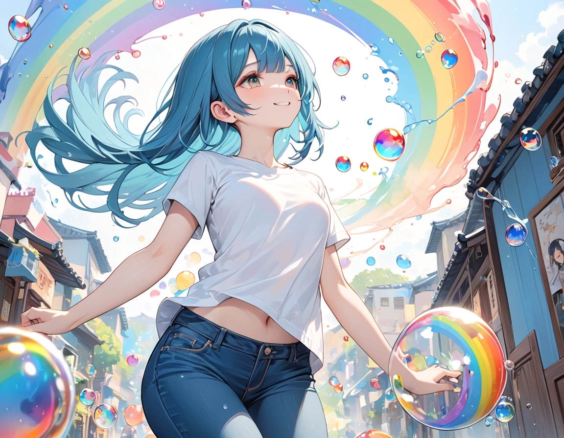 Xingqiu (masterpiece), (Highest quality), (Super detailed),(Light blue long hair),(figure), (One girl), Beautiful fine details,Delicate and beautiful face,smile、Looking up at the rainbow after the rain、Colorful rainbow bubbles、Jeans on a t-shirt、floating,(High saturation),(Colorful splashes),