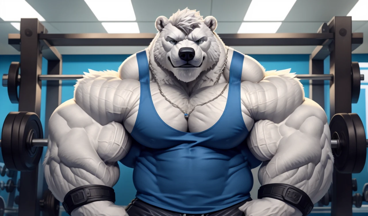 Brock Ólafsson The Huge Muscled Polar Bear, with White Hair, Blue Tank Top, Black Wristbands and Black Gym Shorts, Flexing His Thorax.