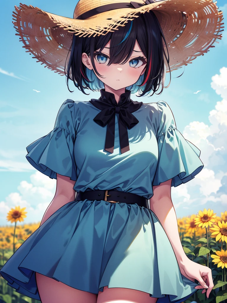 (cowboy shot), (best quality, ultra-high resolution, depth of field:1.2), adult, 1woman, toned body, medium breasts, wide hips, solo, black hair, streaked hair, short hair, bangs, upturned eyes, bright eyes, (wearing light blue summer dress), summer hat, flower field scenery, bored, serious expression