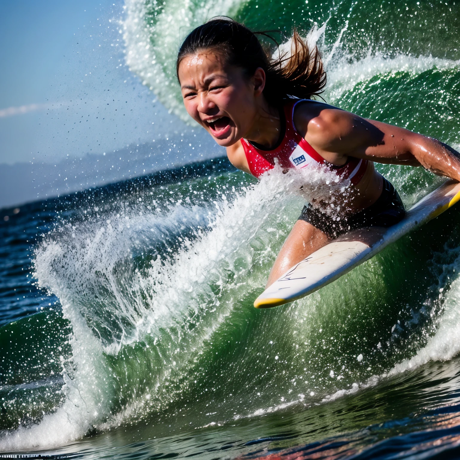 (Zoom out:1.28, Wide Shot) (Great photos from Surfer magazine:1.37).(Filled with water, Everything is wet:1.6) Wet Hair (Highly detailed KAWAII wet face)(Sparkling Highlights:1.28), Dynamic and fun expressions are expressed realistically (Steerable:1.0) . Overflowing huge side (A beautiful line that clearly shows the line from the chest to the buttocks) Small round ass, Detailed texture of wet clothes, (Sloppy surfboard:-1.2) Riding the Wave, Tyndall effect(Starry sky water particles:1.32)