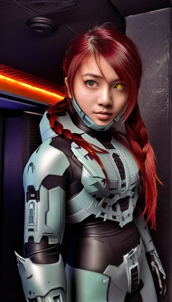 1 Girl、((glowing eyes, red eyes)), Medium Bust、solo、red Hair、Braid、Mobile Race Suit、Shoulder Armor、ceiling、Wide Shot、Looking Ahead、zipup suit 、Closed Mouth、Highest quality、medium quality、22 years old、Mobile Trace System、cockpit、Asian、CyborgCosplay