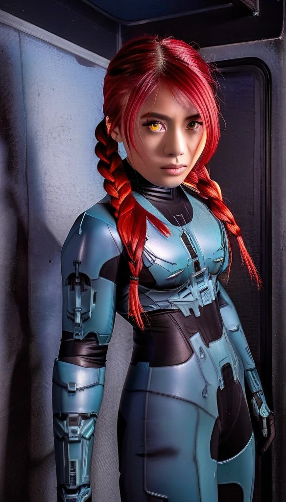 1 Girl、((glowing eyes, red eyes)), Medium Bust、solo、red Hair、Braid、Mobile Race Suit、Shoulder Armor、ceiling、Wide Shot、Looking Ahead、zipup suit 、Closed Mouth、Highest quality、medium quality、22 years old、Mobile Trace System、cockpit、Asian、CyborgCosplay