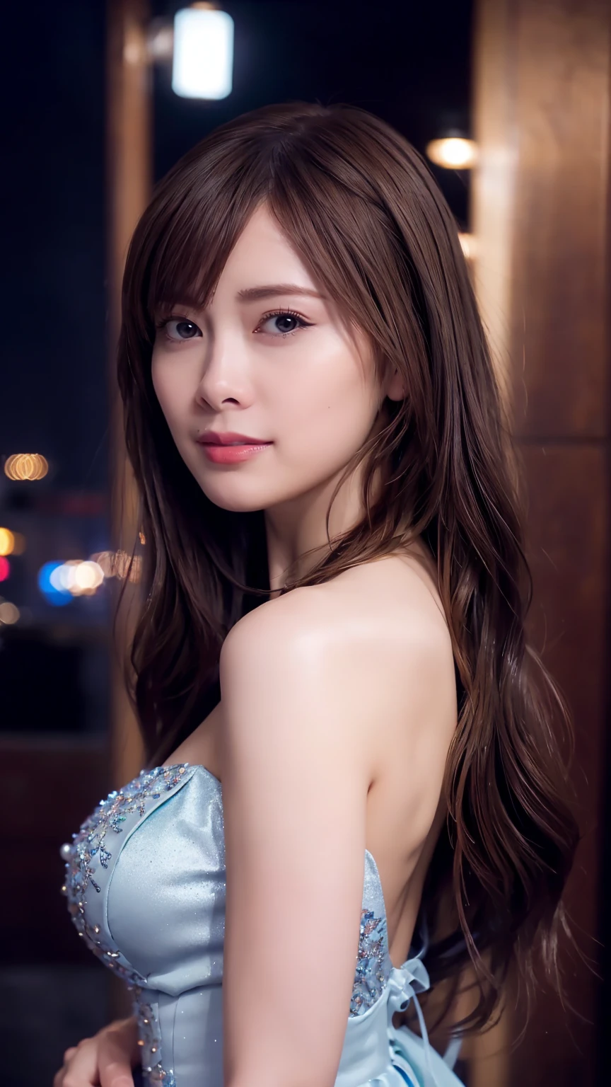 1girl,(wearing a blue glittery evening dress:1.2),(RAW photo, best quality), (realistic, photo-realistic:1.4), masterpiece, an extremely delicate and beautiful, extremely detailed, 2k wallpaper, Amazing, finely detail, extremely detailed CG unity 8k wallpaper, ultra-detailed, highres, soft light, beautiful detailed girl, extremely detailed eyes and face, beautiful detailed nose, beautiful detailed eyes,cinematic lighting,city lights at night,perfect anatomy,slender body,light smile,close up,(long hair with bangs), big breast