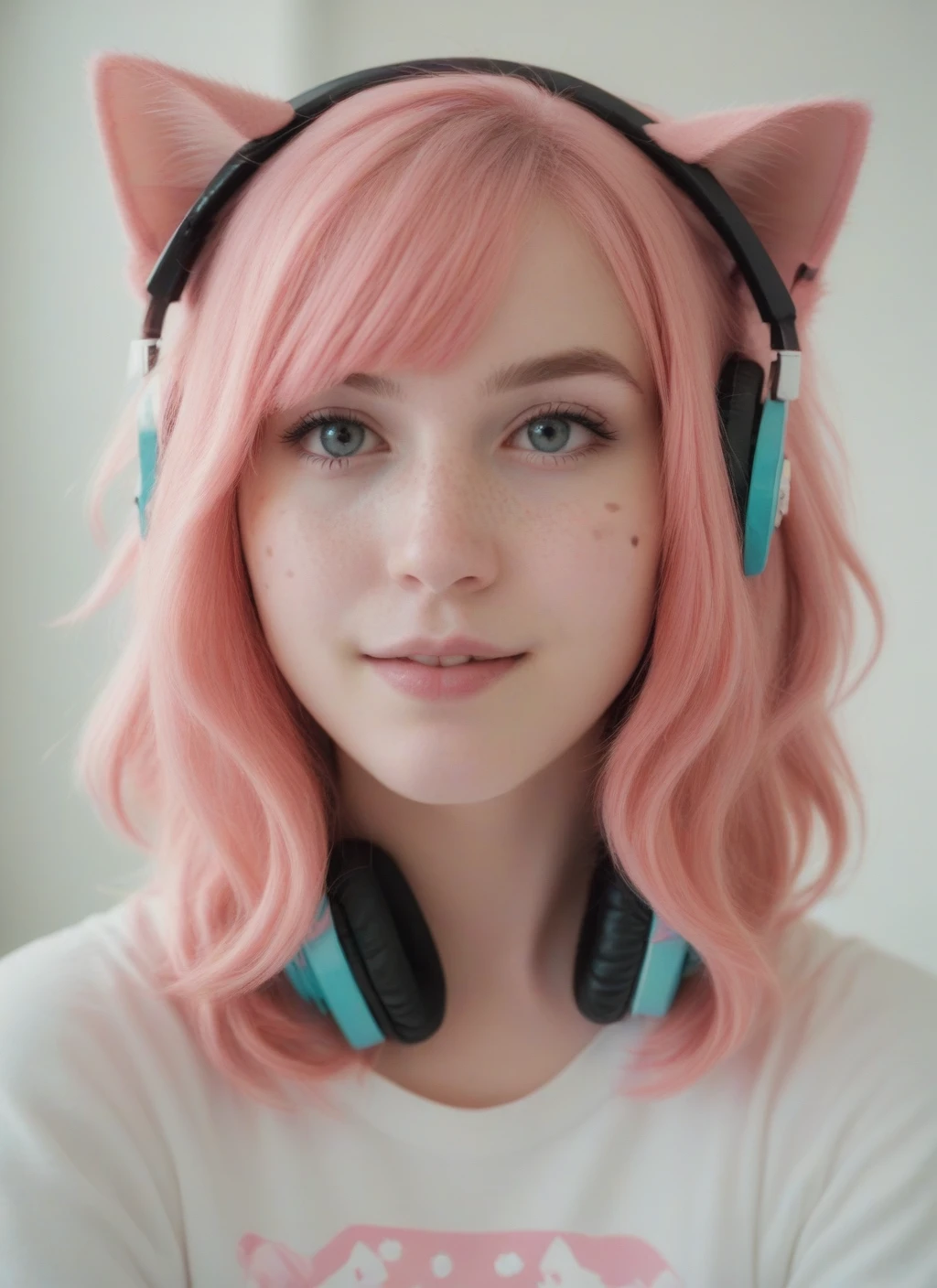 score_9,score_8_up, score_7_up, photograph of a cute gamer girl, pale skin, pink hair, medium hair, freckles, headphones, cat ears