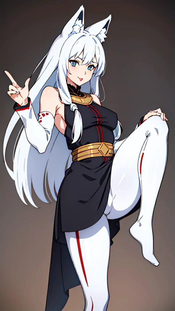 1girl ,solo,20s,mature female,white hair,long hair,fox ears,(simple background),white leggings,:p
