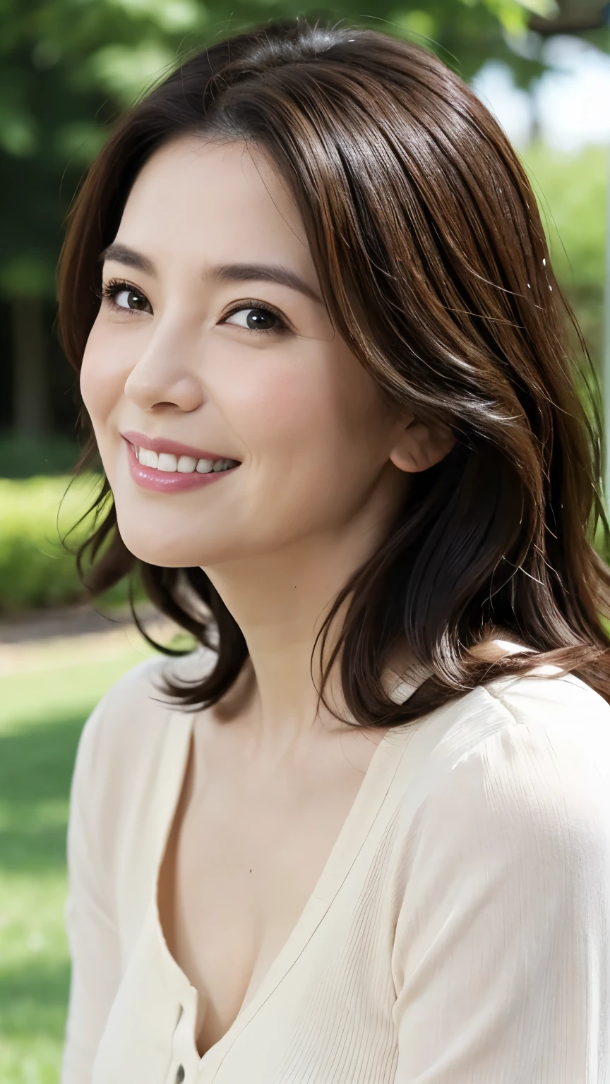 最high quality, In 8K, Overall image, Genuine, Sharp focus, high quality, High resolution, Detailed face, fine grain, Thick lips, Background Blur, alone, Middle-aged women, , 65 years old, , Wavy Hair, Cleavage, Wearing a plain short-sleeved knit, Standing in the park, Wrinkles around the eyes, Smiling with teeth showing