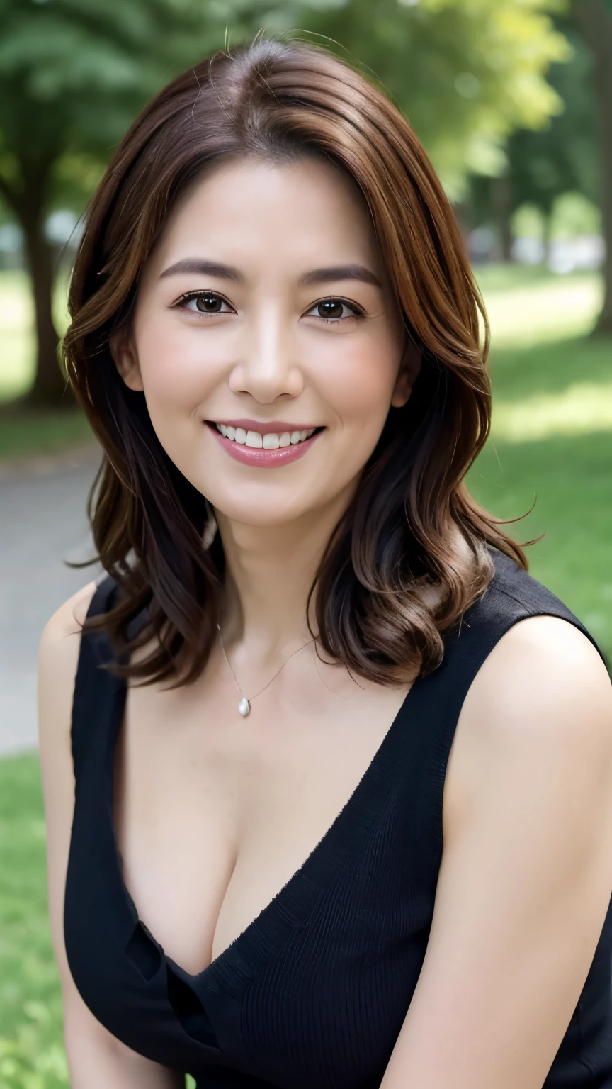 最high quality, In 8K, Overall image, Genuine, Sharp focus, high quality, High resolution, Detailed face, fine grain, Thick lips, Background Blur, alone, Middle-aged women, , 65 years old, , Wavy Hair, Cleavage, Wearing a plain short-sleeved knit, Standing in the park, Wrinkles around the eyes, Smiling with teeth showing