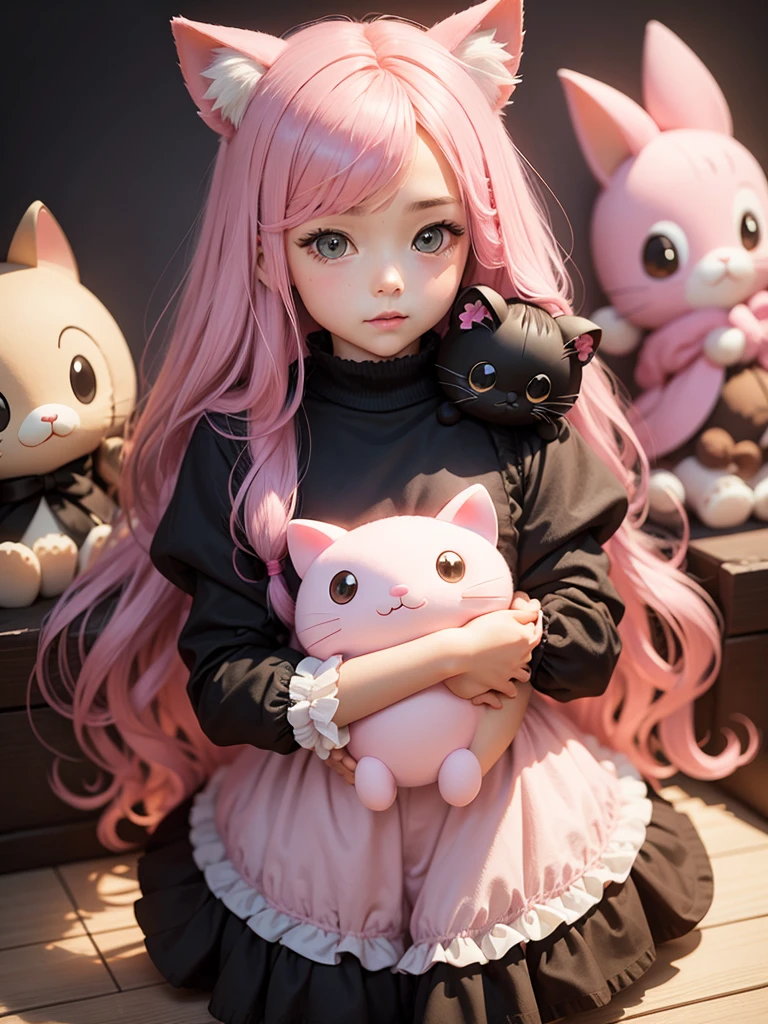 Make a girl with long pink hair holding a chococat plushie