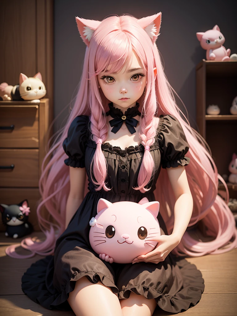Make a girl with long pink hair holding a chococat plushie