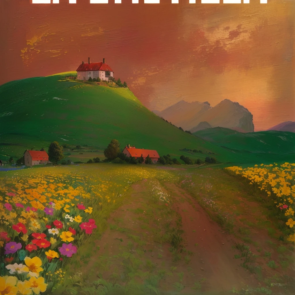 there is a painting of a house on a hill with flowers, by David Brewster, in a landscape, field of flowers, field of flowers amarillas, in a valley, ilya, Daniel Richter, in a field with flowers, inspired by Joaquín Patinir, en un field of flowers, by Ken Elias, by Anna Haifisch, cover art, Flowery Hill Background, art painted in oil